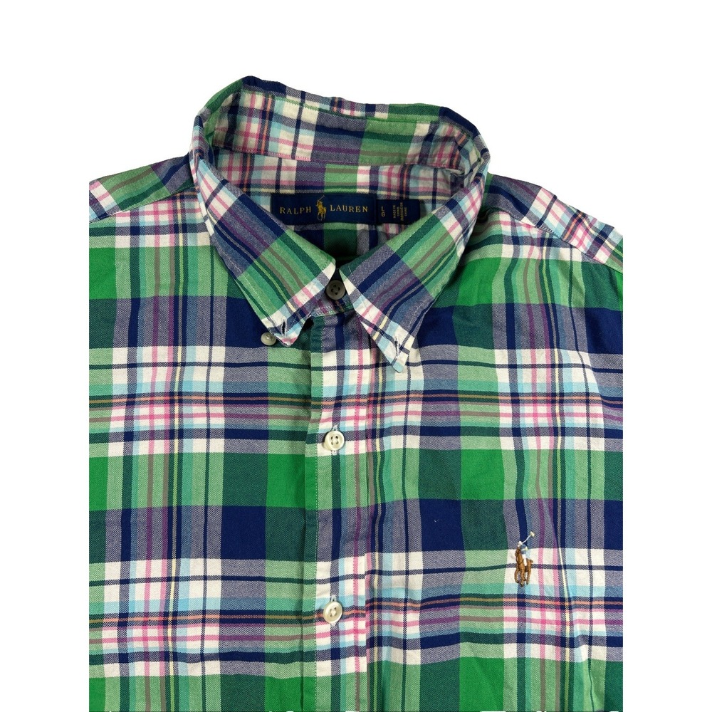 Ralph Lauren Mens Large Green Plaid Long Sleeve Button Down Shirt Classic Fit
